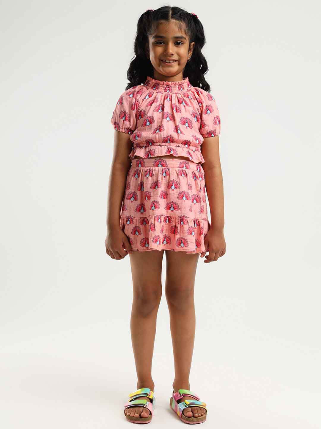 

Somersault Girls Printed Pure Cotton High Neck Top With Skirt, Pink