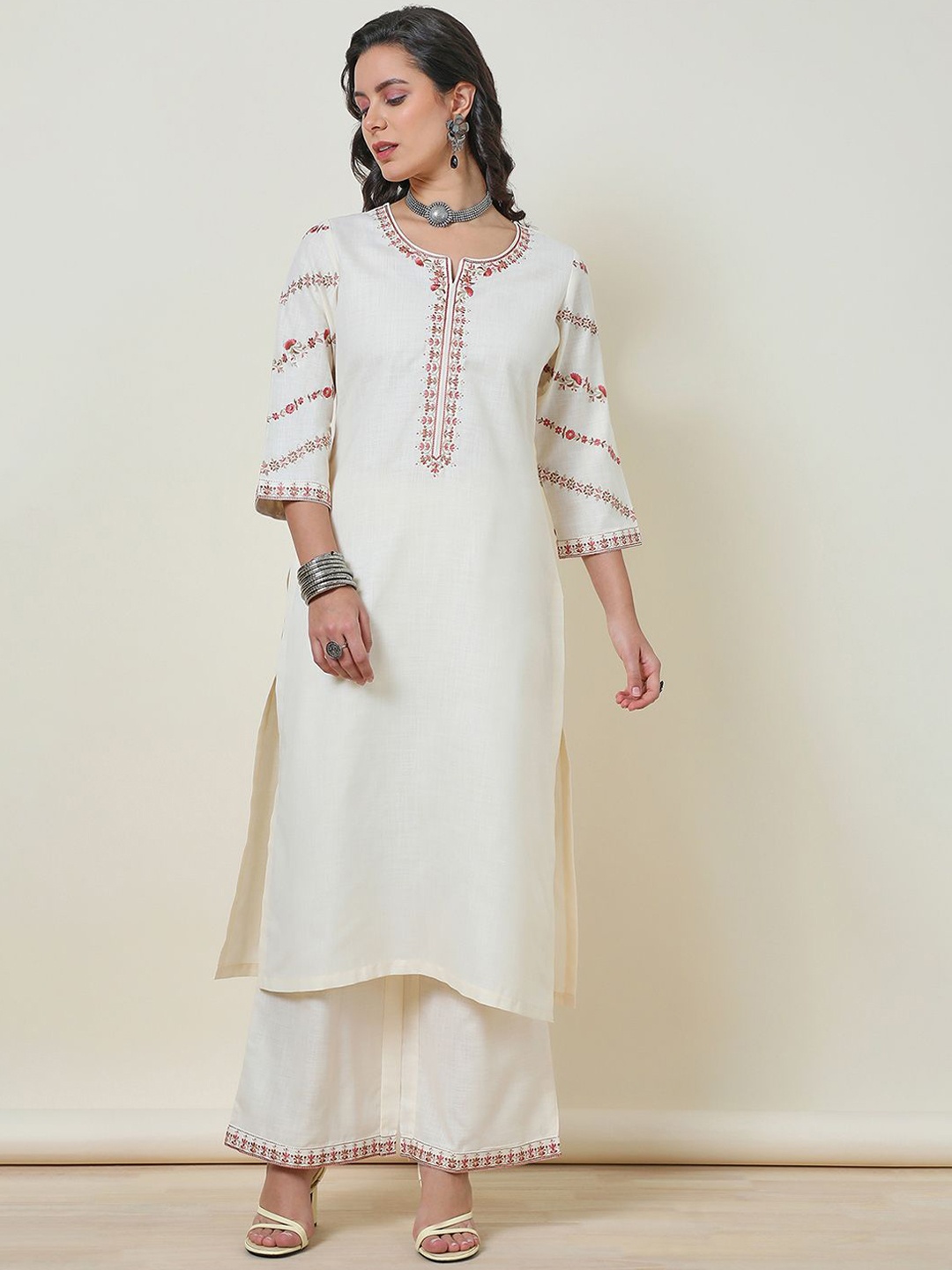 

Soch Cream-Coloured Floral Yoke Design Thread Work Straight Kurta With Palazzos