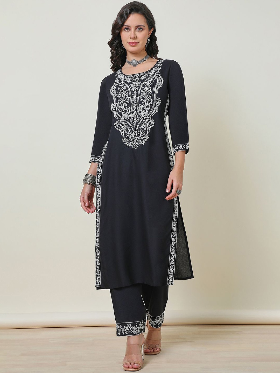 

Soch Black Ethnic Motifs Embroidered Thread Work Straight Kurta With Trousers