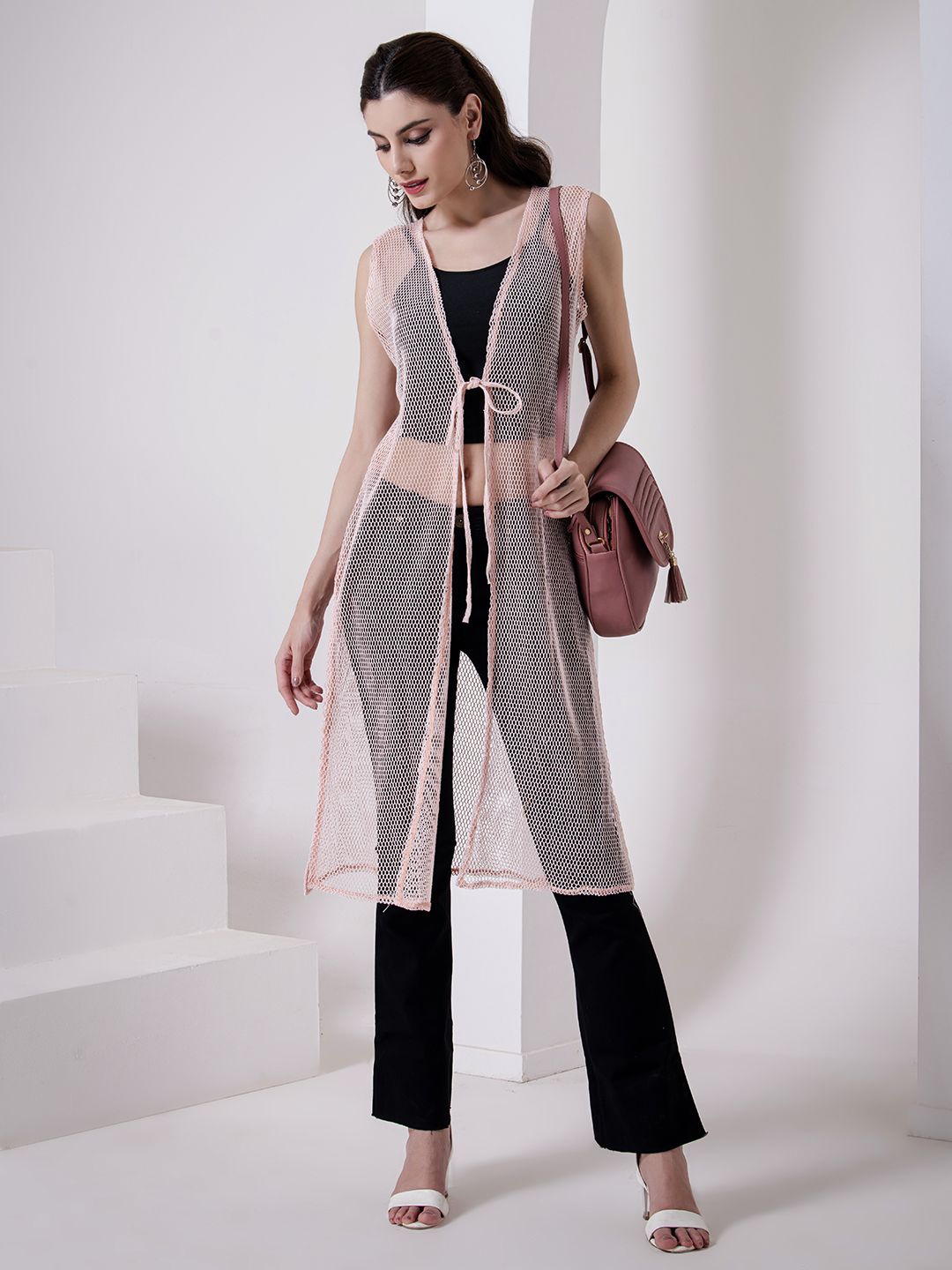 

urSense Self Design Longline Net Sheer Tie-Up Shrug, Pink