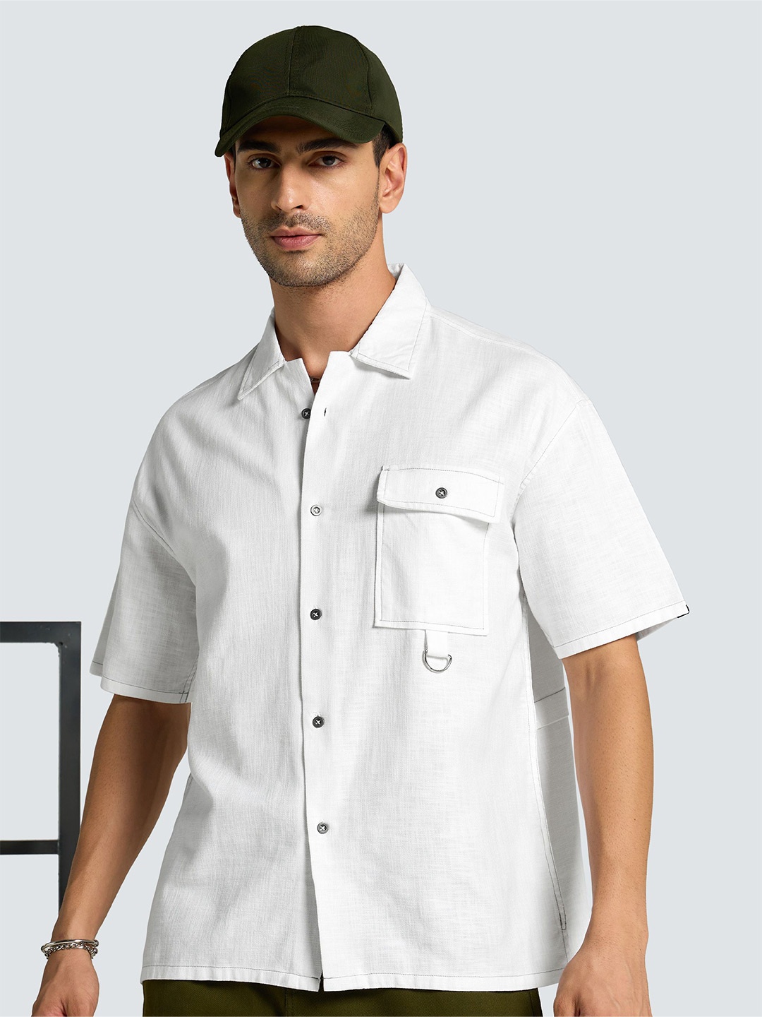 

Beyoung Men Spread Collar Solid Cotton Relaxed Fit Casual Shirt, White