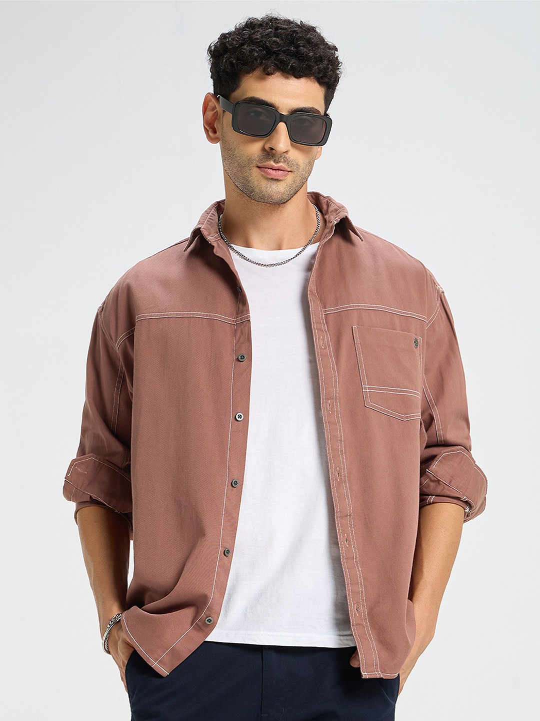 

Beyoung Men Spread Collar Solid Cotton Relaxed Fit Casual Shirt, Mauve