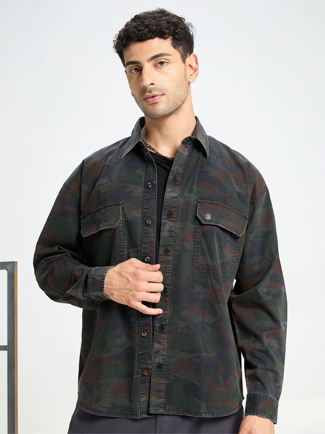 

Beyoung Men Spread Collar Solid Checked Cotton Relaxed Fit Casual Shirt, Black