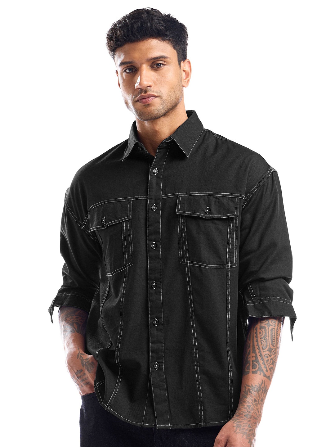 

Beyoung Men Spread Collar Solid Floral Print Cotton Relaxed Fit Casual Shirt, Black