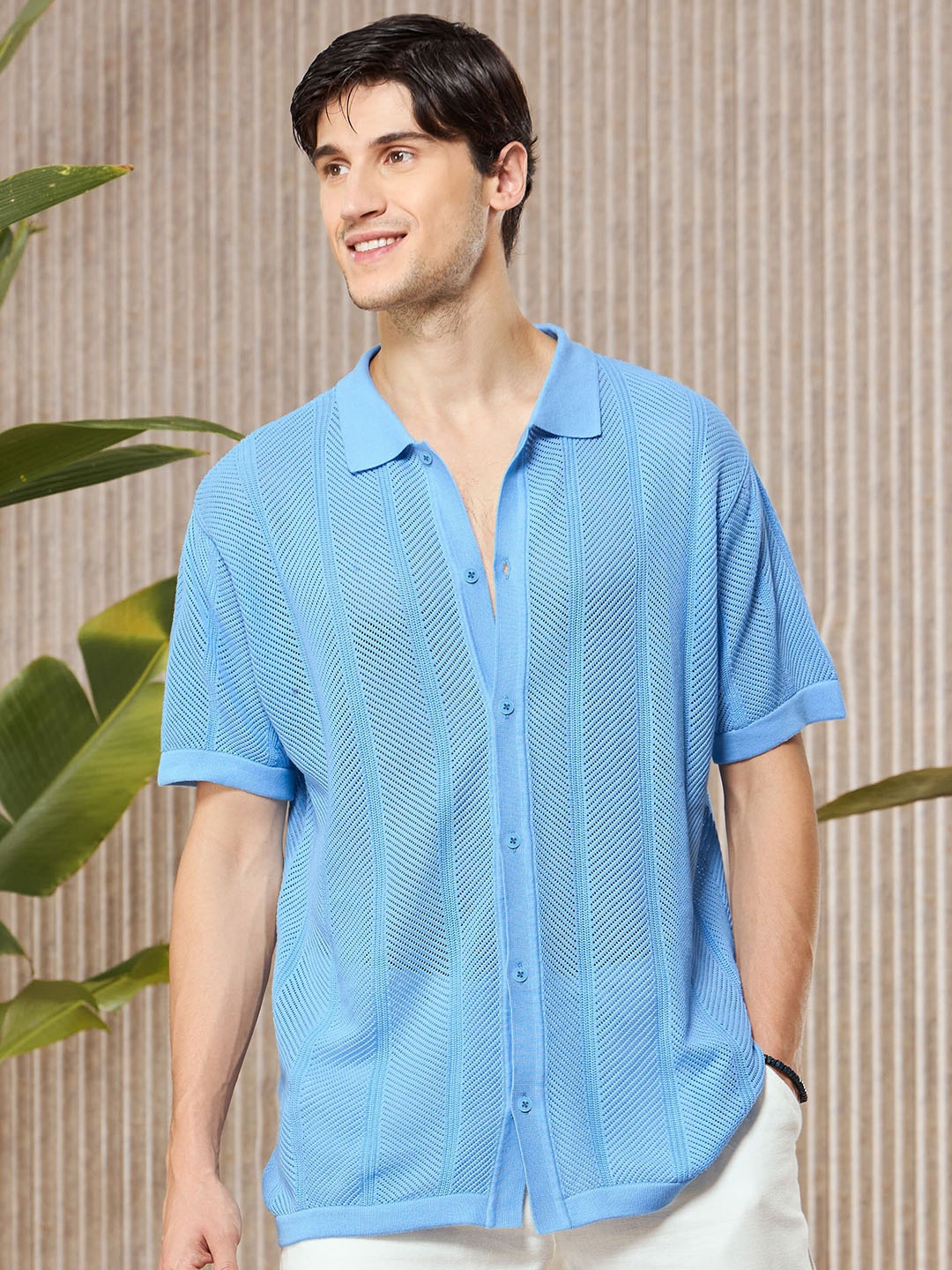 

Beyoung Men Spread Collar Textured Striped Cotton Relaxed Fit Casual Shirt, Blue