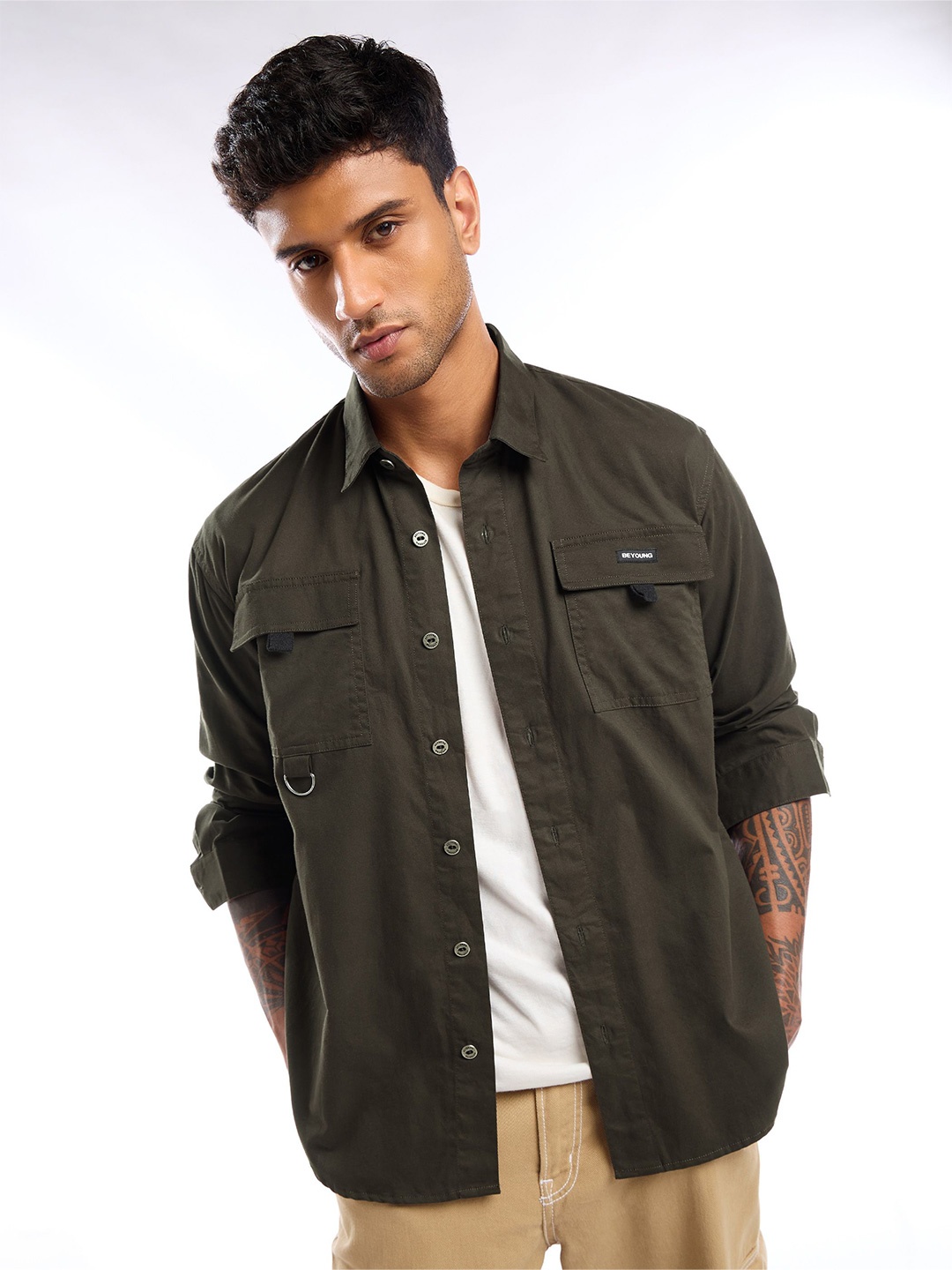 

Beyoung Men Spread Collar Solid Cotton Casual Shirt, Olive