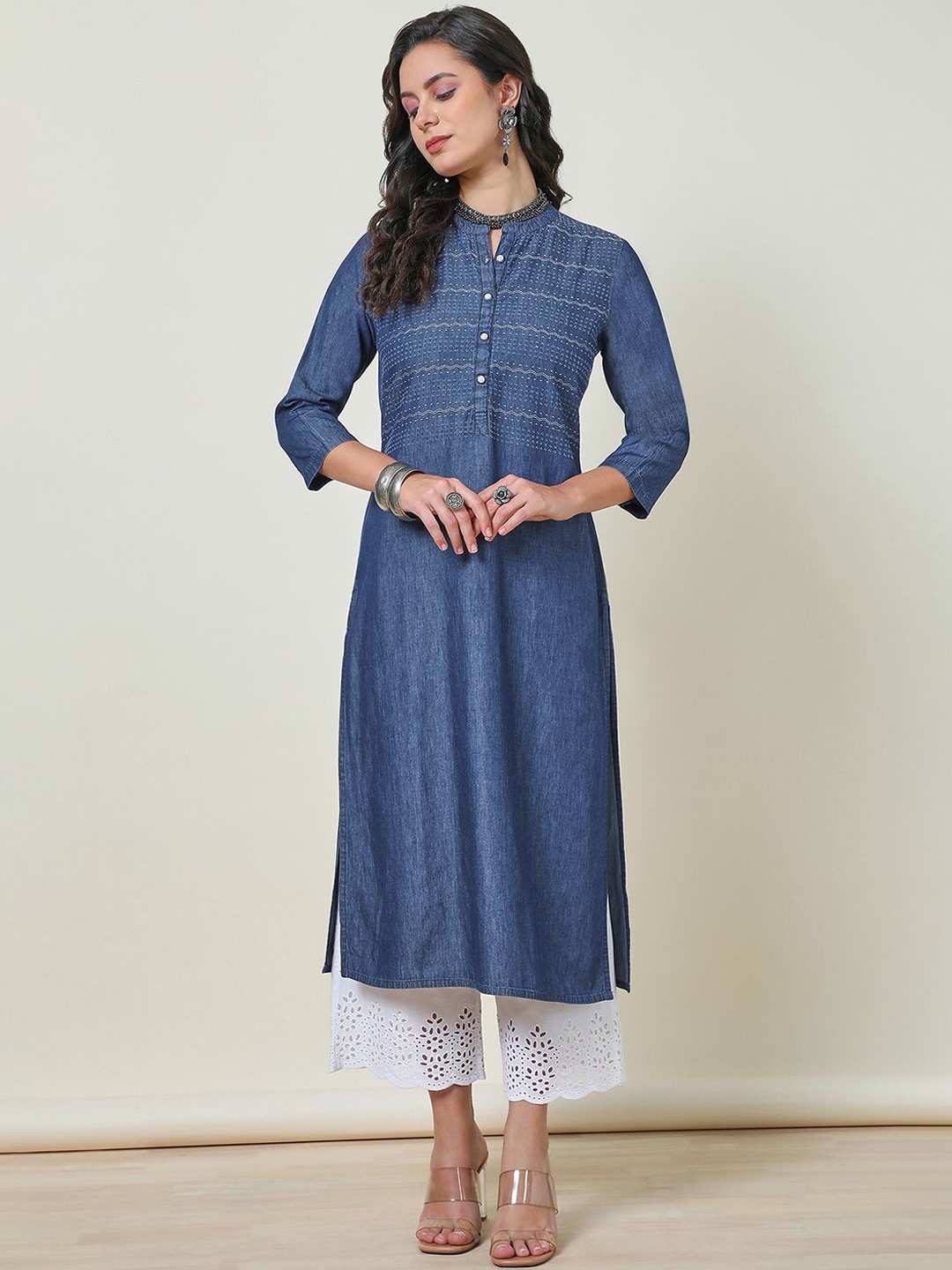 

Soch Striped Yoke Design Mandarin Collar Zari Work Cotton Straight Kurta, Blue