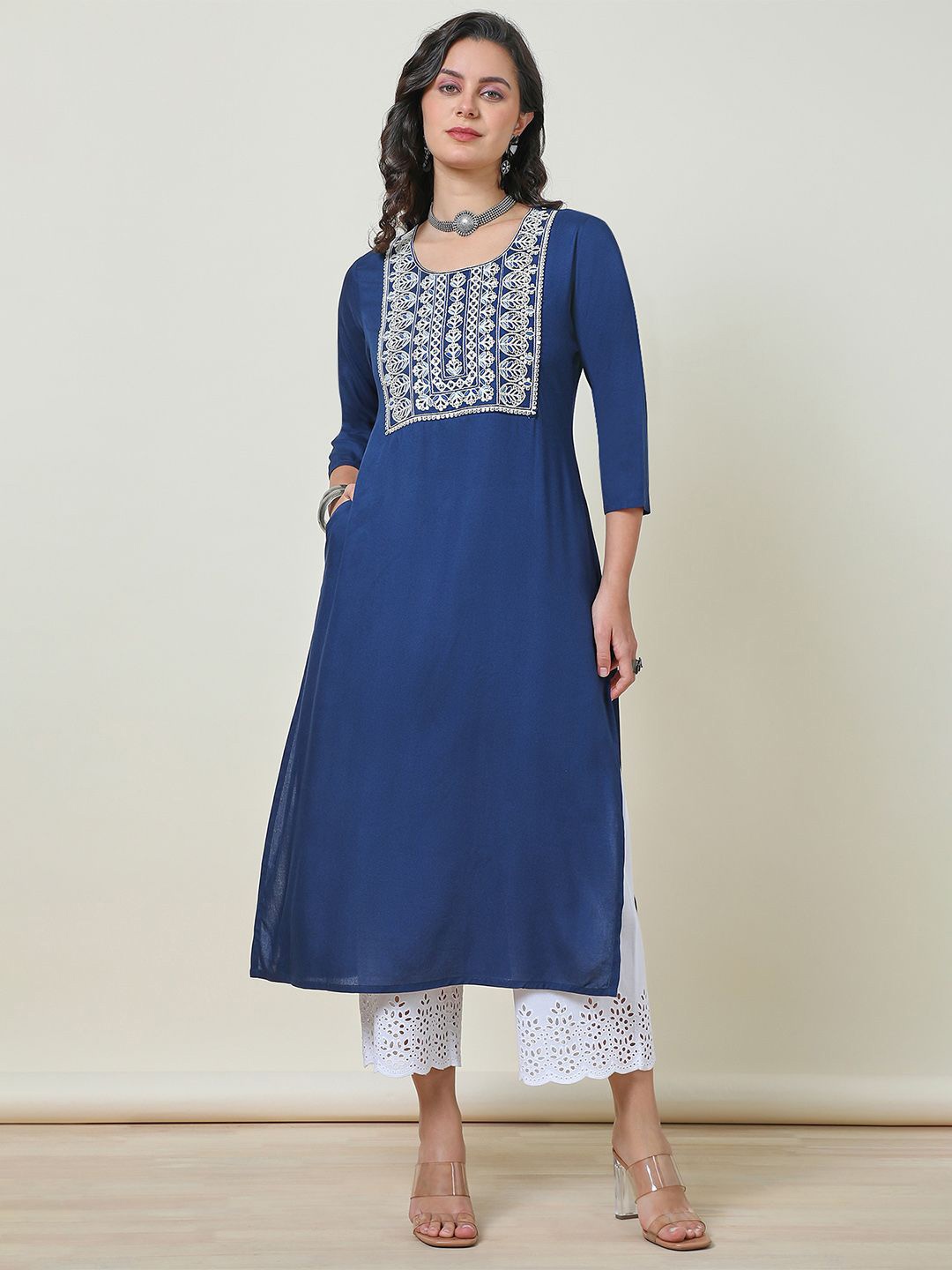 

Soch Floral Yoke Design Thread Work Cotton Straight Kurta, Blue