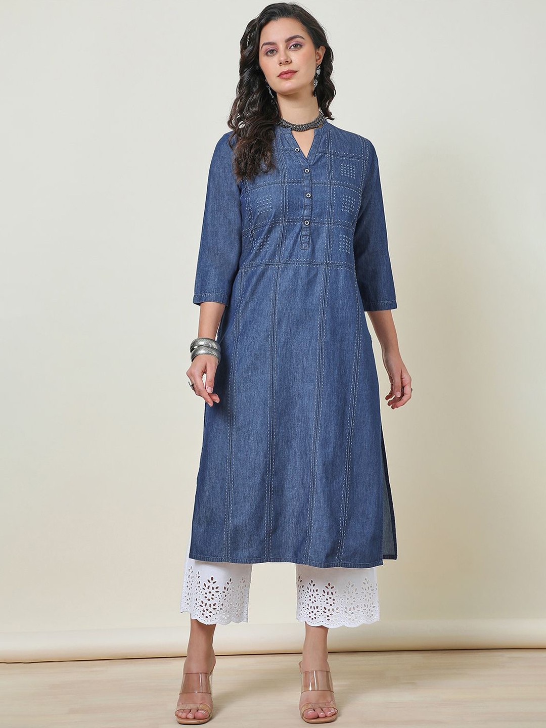 

Soch Striped Yoke Design Mandarin Collar Thread Work Cotton Straight Kurta, Blue