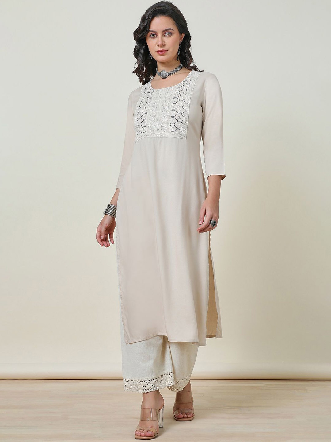 

Soch Floral Yoke Design Mirror Work Straight Kurta, Cream