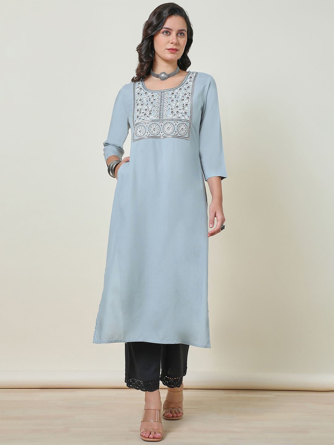 

Soch Floral Yoke Design Thread Work Cotton Straight Kurta, Grey