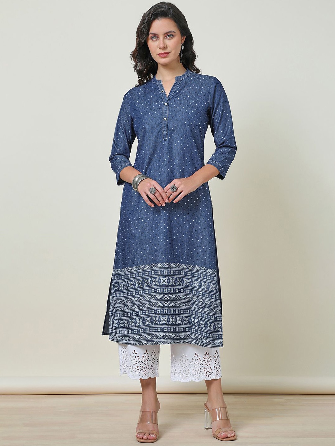 

Soch Geometric Printed Mandarin Collar Cotton Straight Kurta, Blue