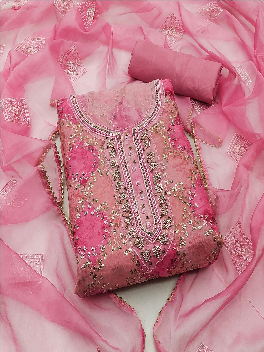 

Lilots Ethnic Motifs Embroidered Beads & Stones Jacquard Organza Unstitched Dress Material, Pink