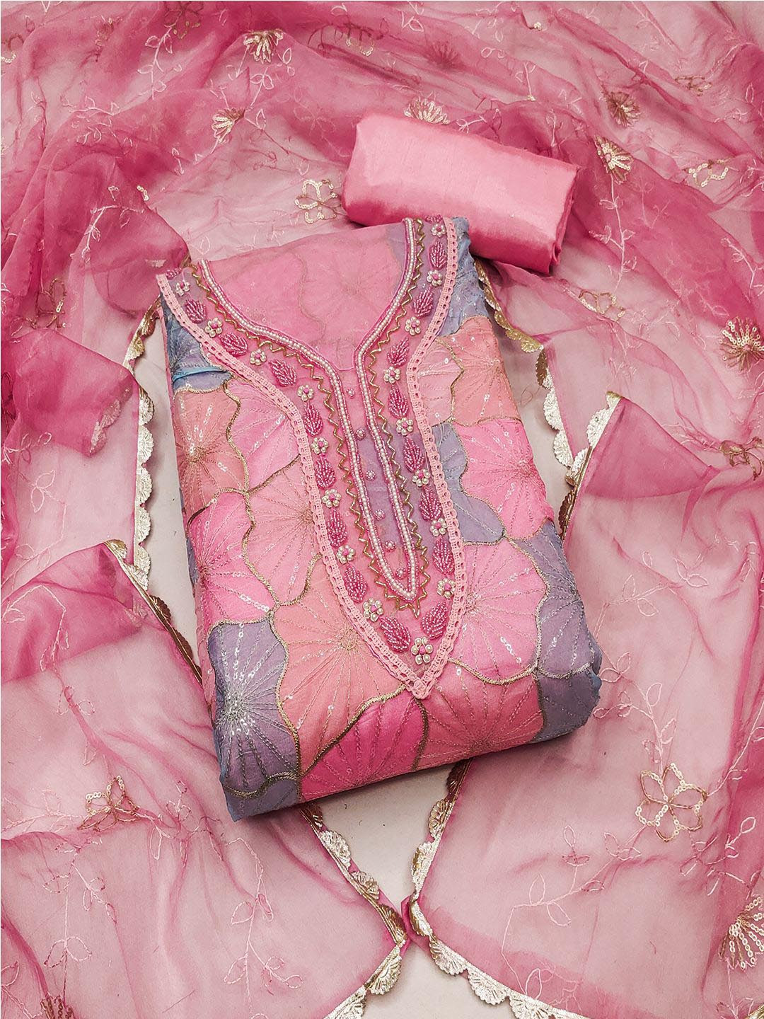 

Lilots Floral Embroidered Sequined Organza Unstitched Dress Material, Pink