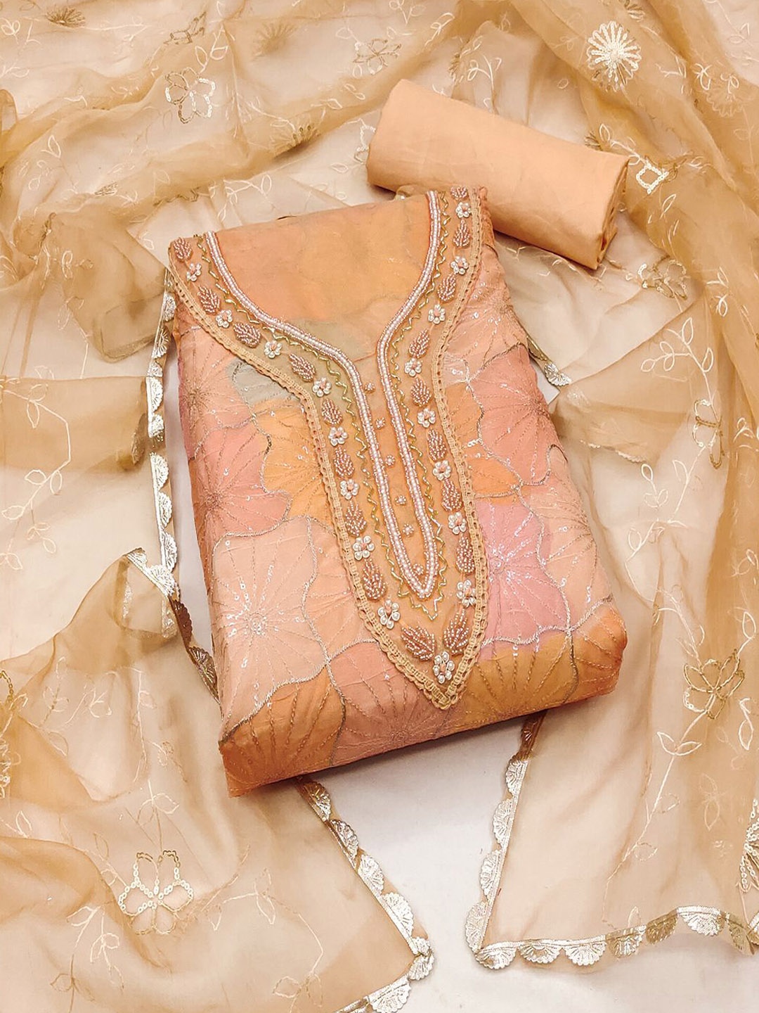 

Lilots Floral Embroidered Sequined Organza Unstitched Dress Material, Peach