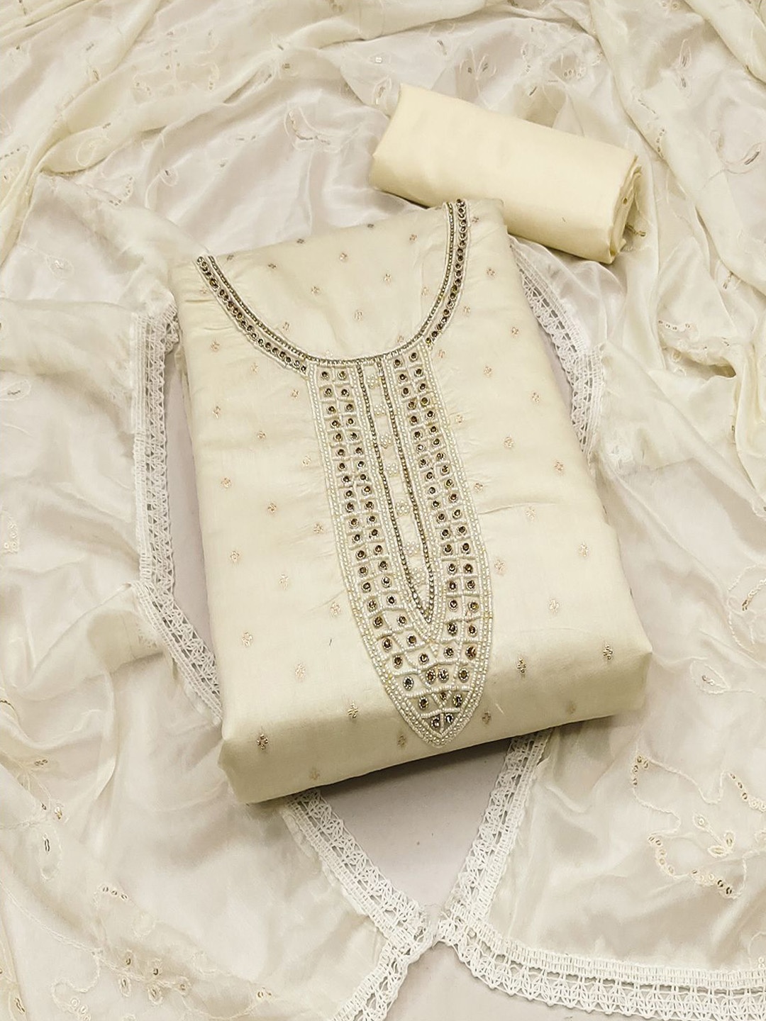

Lilots Organza Unstitched Dress Material, Off white