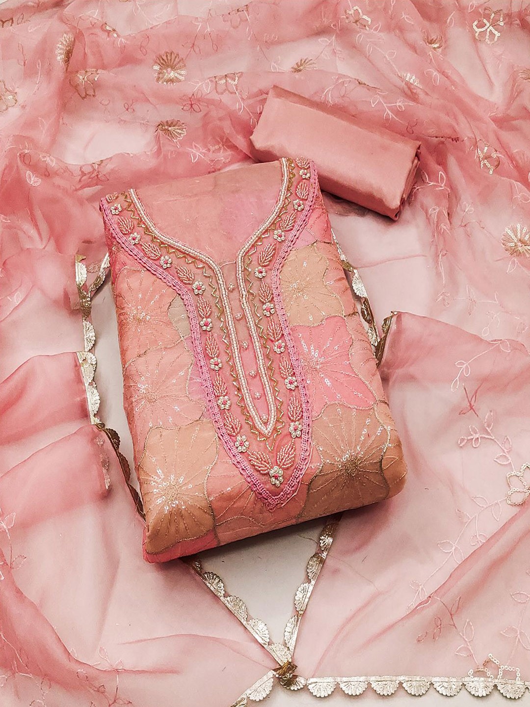 

Lilots Floral Embroidered Sequined Organza Unstitched Dress Material, Pink