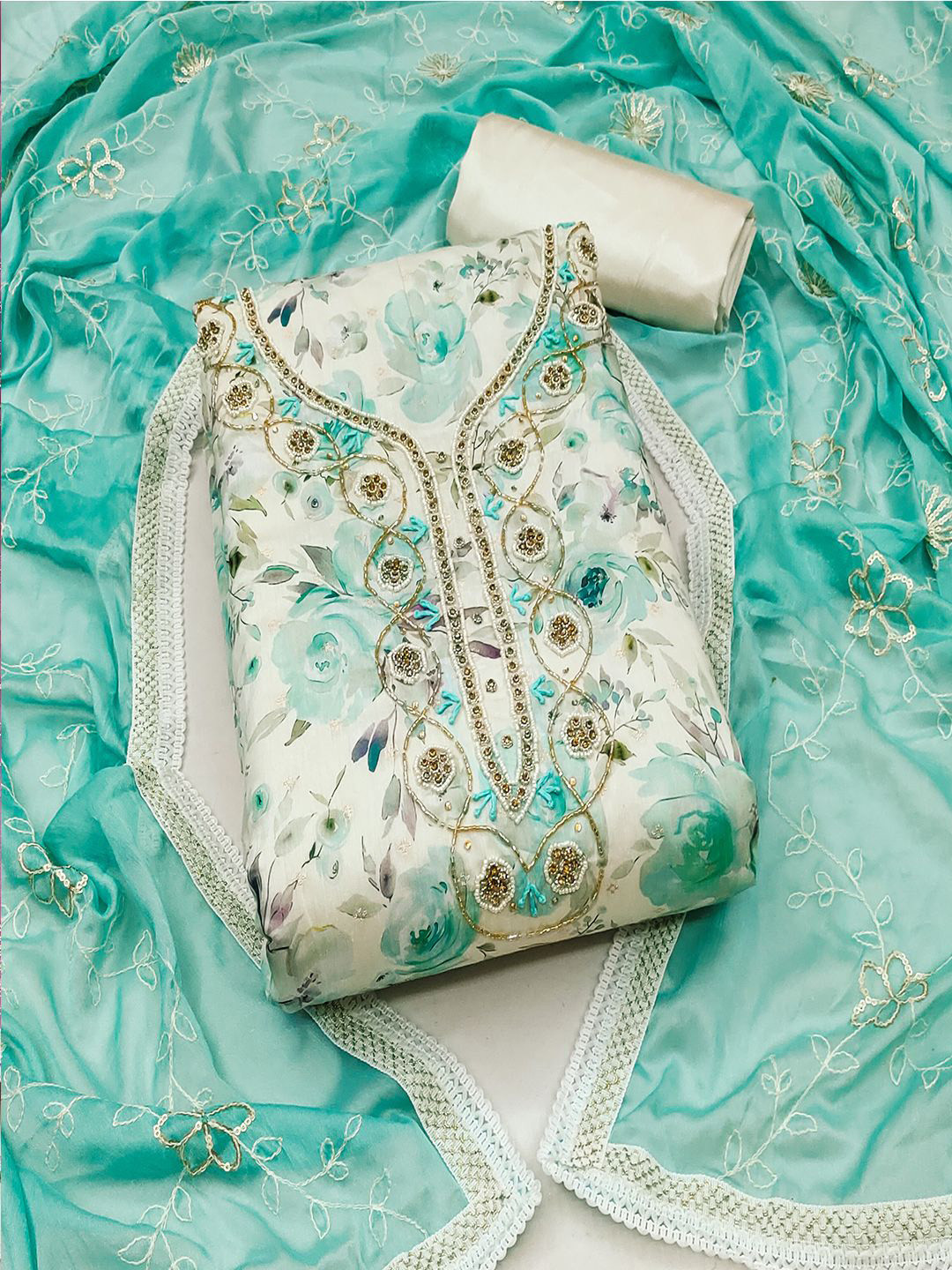 

Lilots Floral Printed Beads and Stones Unstitched Dress Material, Turquoise blue