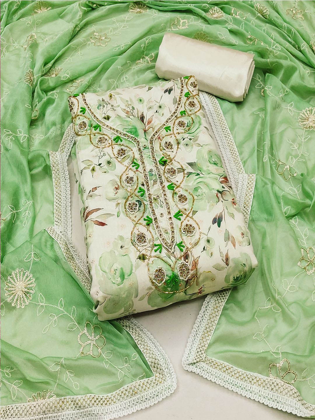 

Lilots Floral Printd Beads & Stones Organza Unstitched Dress Material, Green
