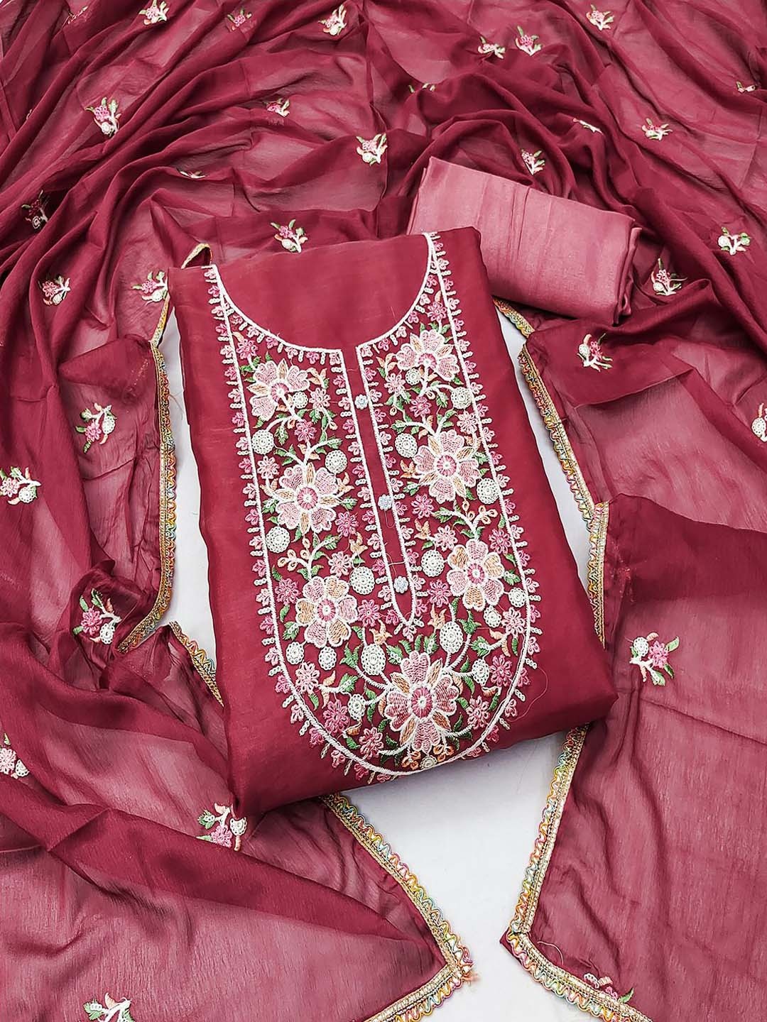 

Lilots Ethnic Motifs Embroidered Sequined Organza Unstitched Dress Material, Maroon