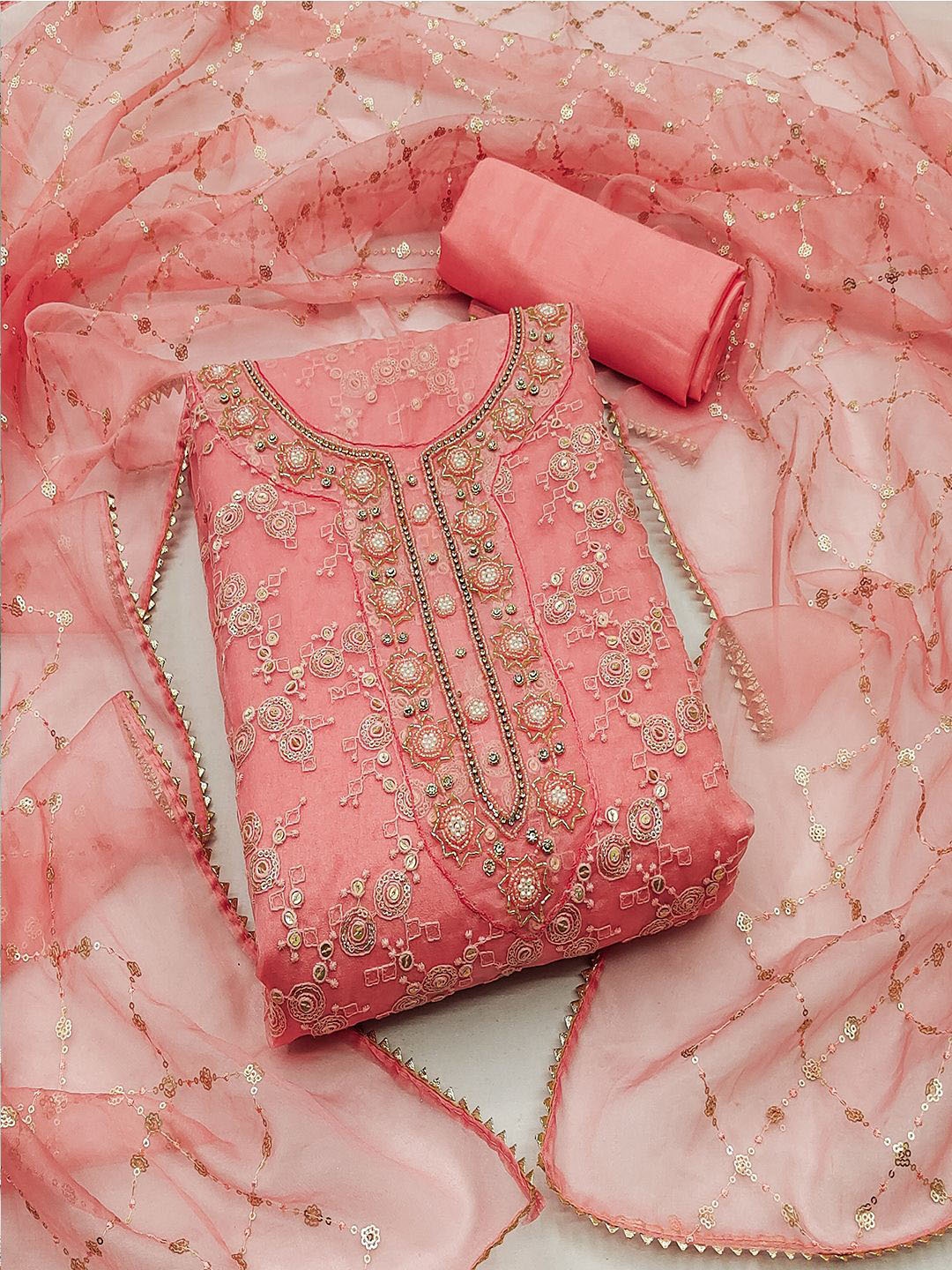 

Lilots Floral Embroidered Beads and Stones Unstitched Dress Material, Peach