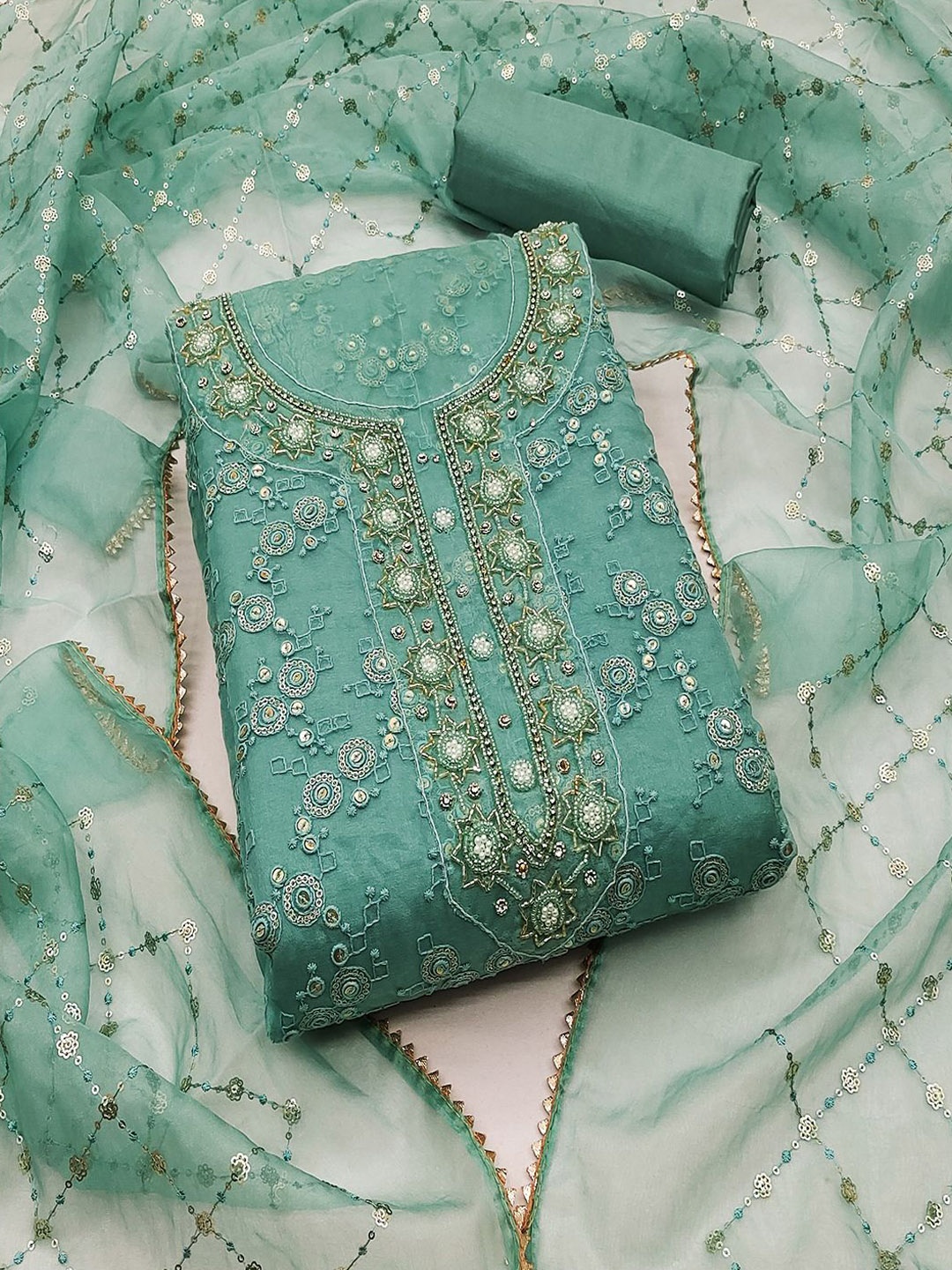 

Lilots Floral Embroidered Beads & Stones Organza Unstitched Dress Material, Teal