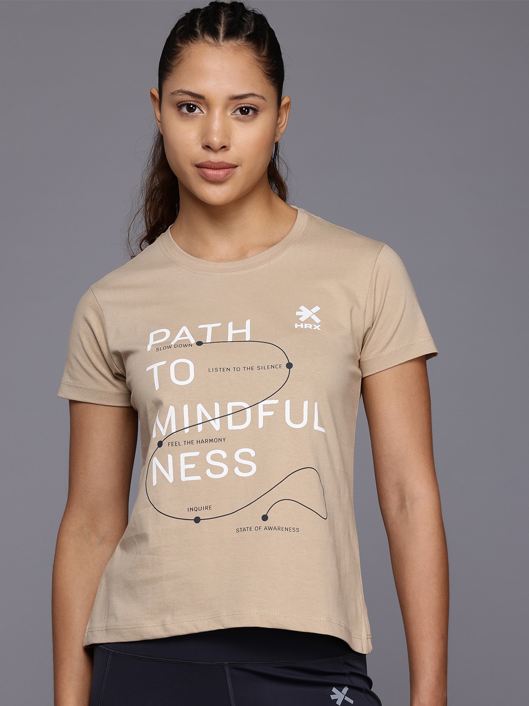 

HRX by Hrithik Roshan Typography Printed Pure Cotton Yoga T-shirt, Beige