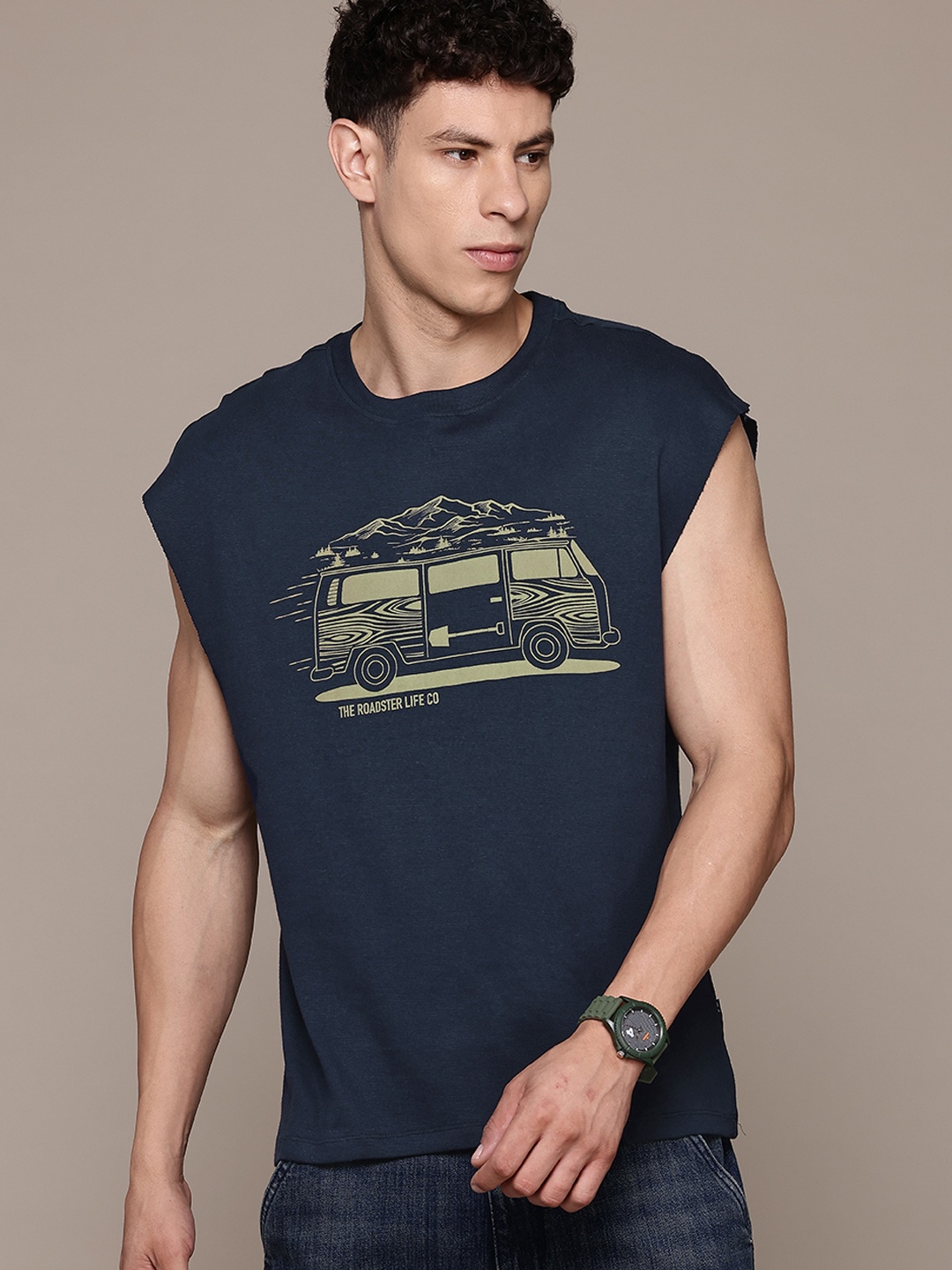 

The Roadster Lifestyle Co. Printed Pure Cotton Relaxed T-shirt, Navy blue
