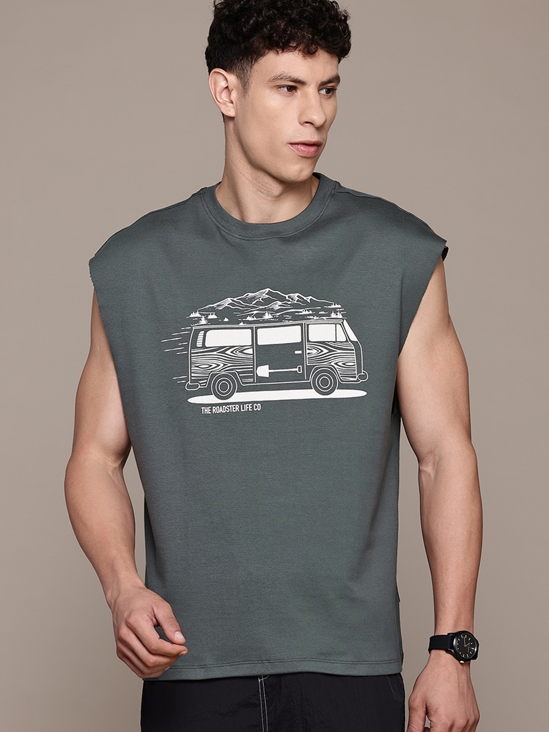 

The Roadster Lifestyle Co. Printed Pure Cotton Relaxed T-shirt, Charcoal