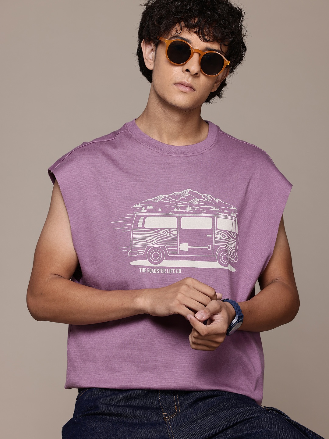 

The Roadster Lifestyle Co. Printed Pure Cotton Relaxed T-shirt, Purple