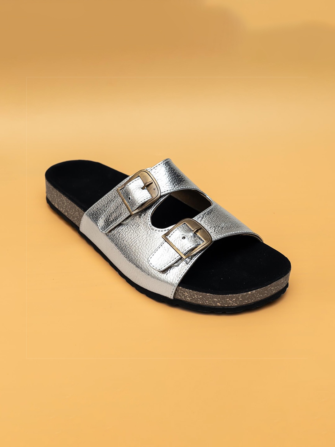 

Fancy Nancy Women Open Toe Flat with Buckles, Silver
