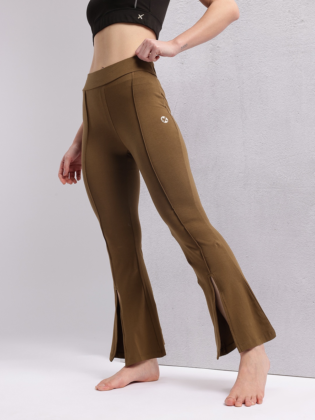 

HRX by Hrithik Roshan Women Slit Hem Paneled Flared Yoga Track Pants, Brown