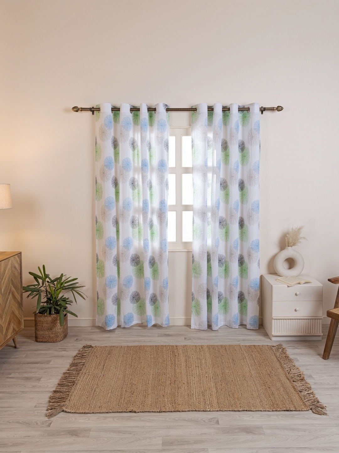

HOMEMONDE White & Blue 2 Pieces Floral Printed Cotton Sheer Window Curtains