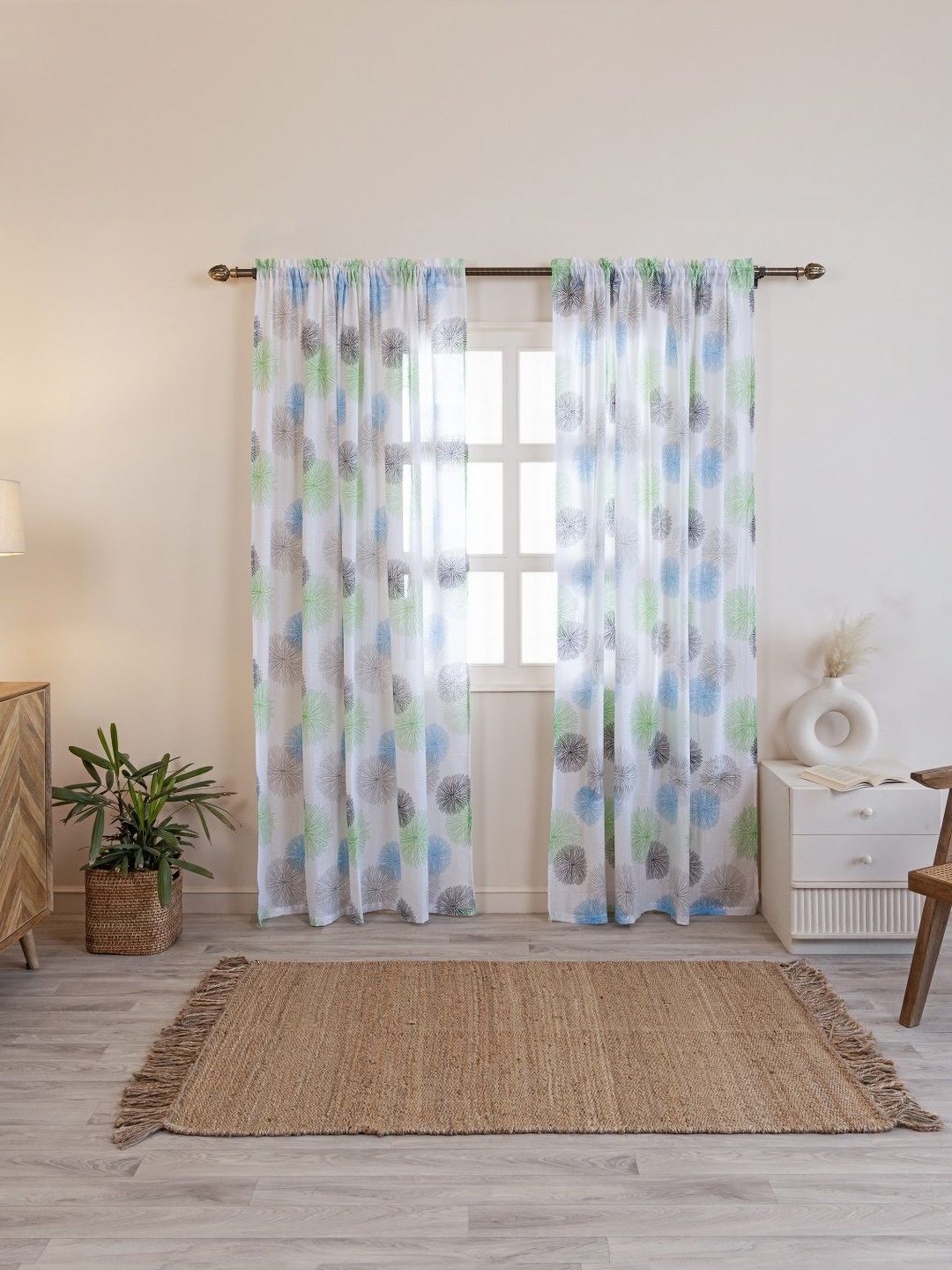 

HOMEMONDE White & Blue 2 Pieces Floral Printed Cotton Sheer Window Curtains