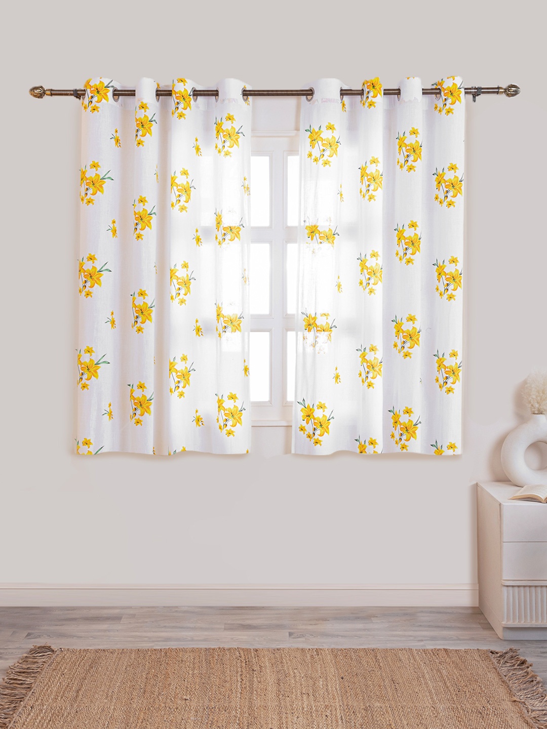 

HOMEMONDE Yellow & White 2 Pieces Floral Cotton Sheer Window Curtain