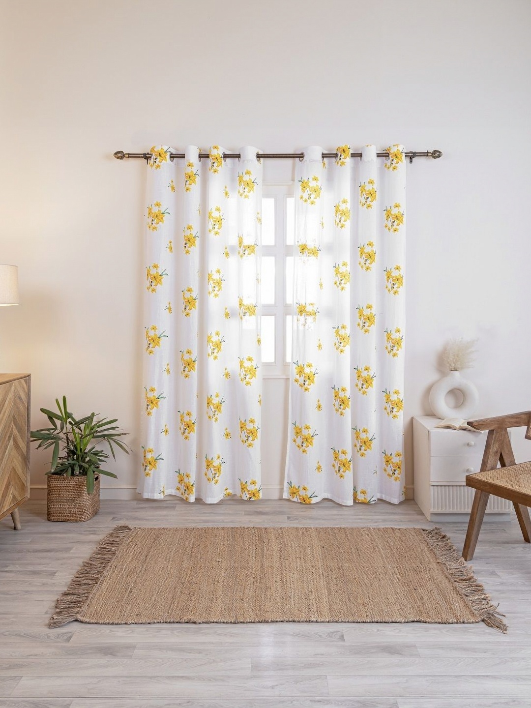

HOMEMONDE Yellow & White 2 Pieces Floral Printed Cotton Sheer Window Curtains
