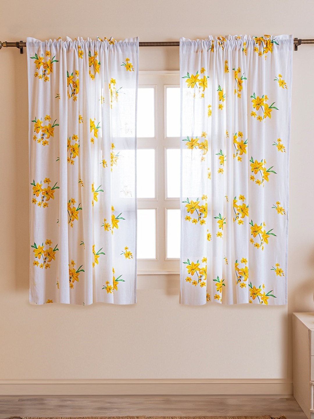 

HOMEMONDE Yellow & White 2 Pieces Floral Cotton Sheer Window Curtain