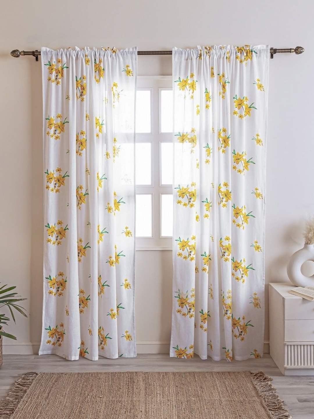 

HOMEMONDE Yellow & White 2 Pieces Floral Printed Cotton Sheer Door Curtains