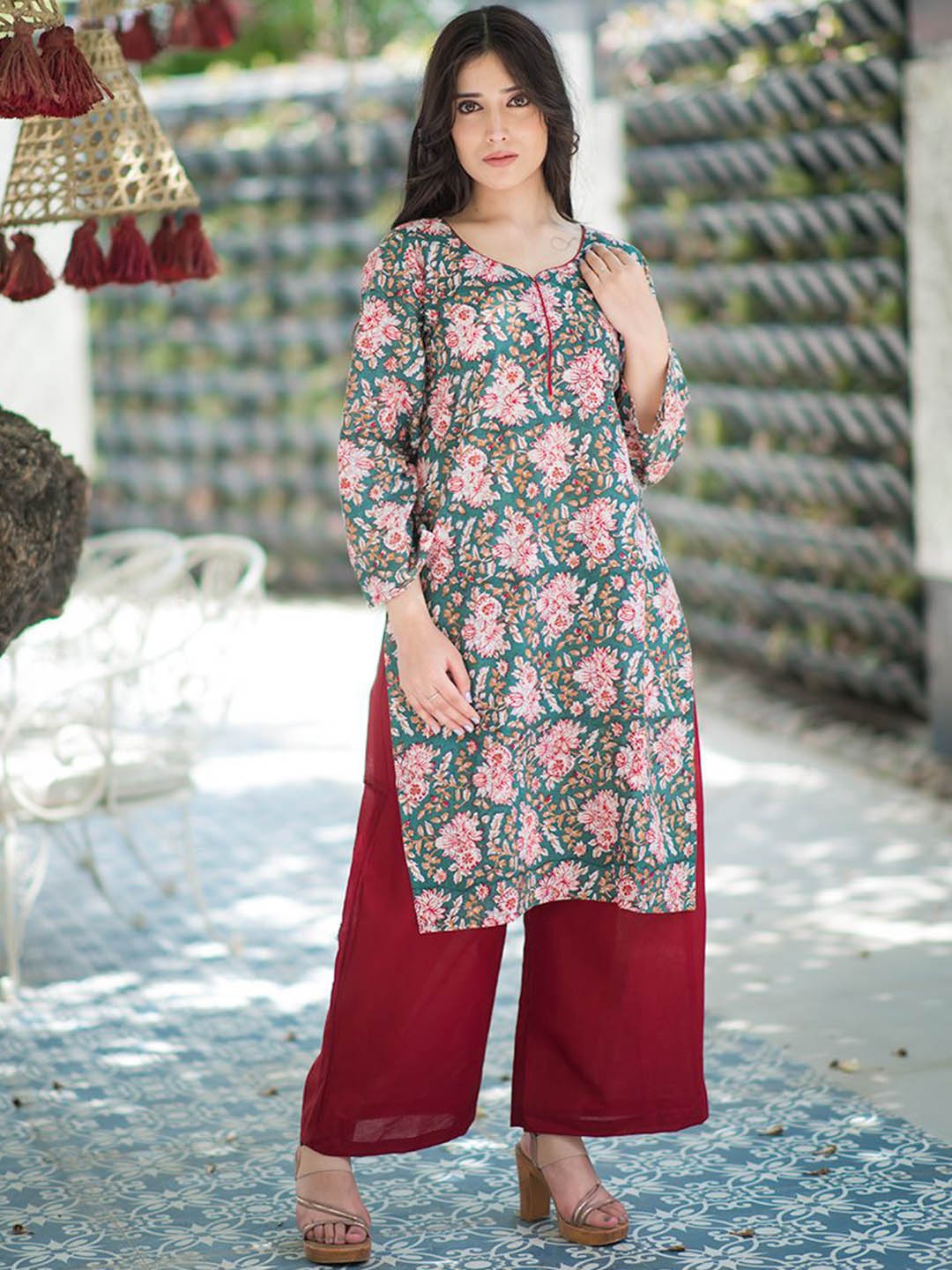 

Rangreza Ethnic Floral Printed Cotton Straight Kurta, Green