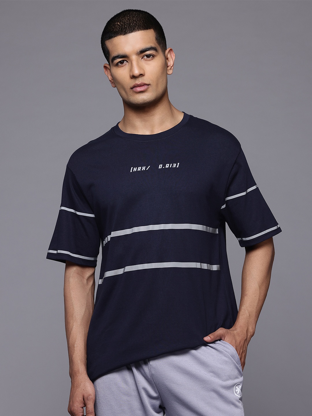 

HRX by Hrithik Roshan Men Reflective Striped Relaxed Fit T-shirt, Navy blue