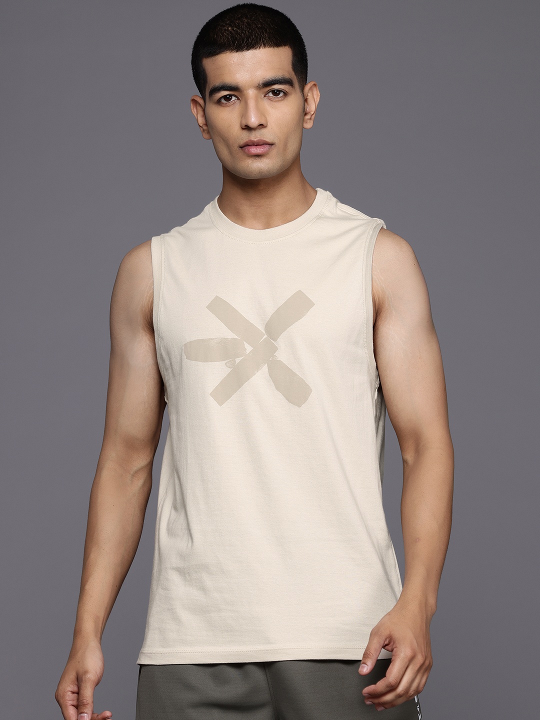 HRX by Hrithik Roshan Brand Logo Printed Yoga Pure Cotton T-shirt, Off white