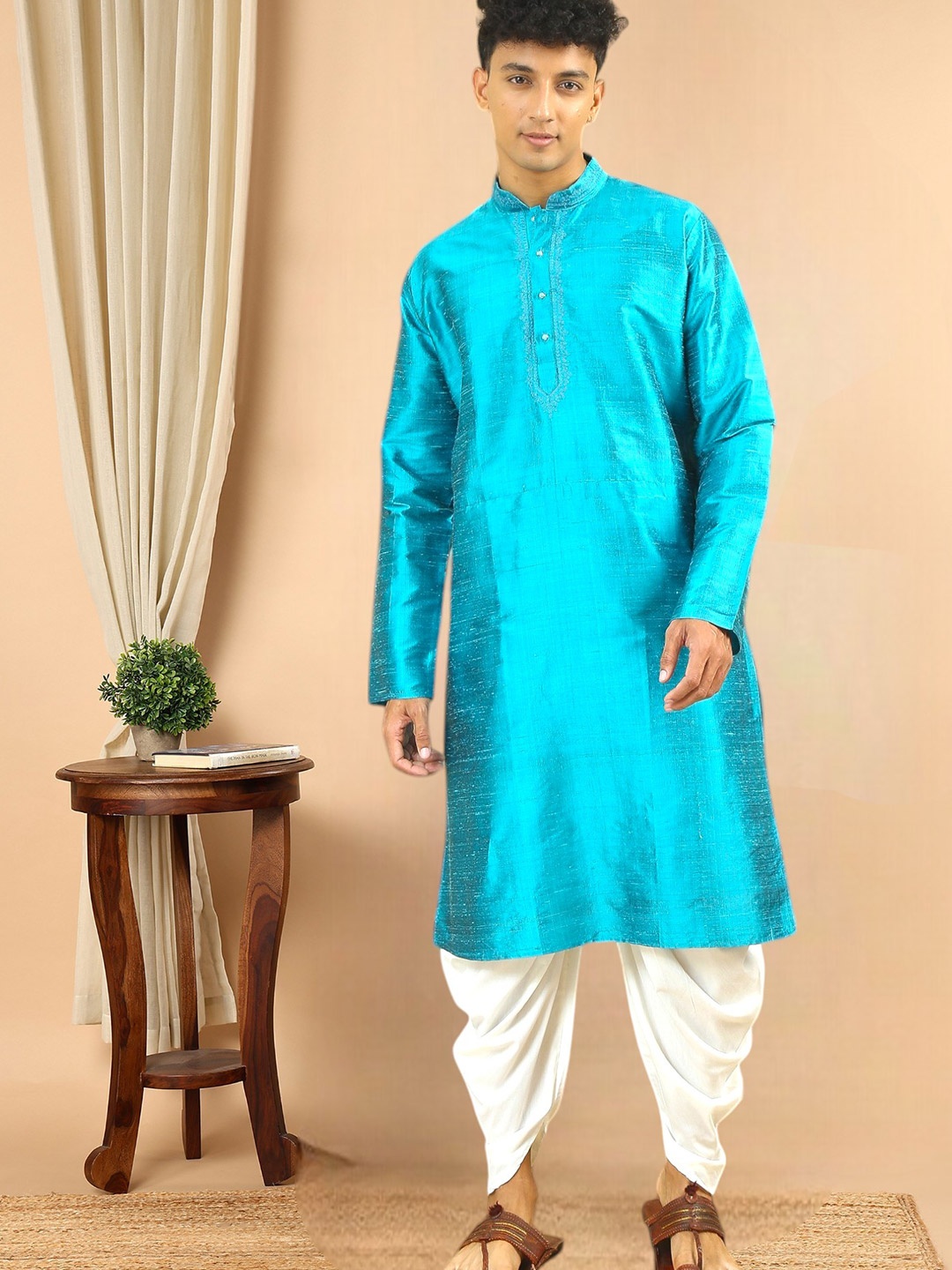 

TATTVA Thread Work Mandarin Collar Dupion Silk Straight Kurta, Turquoise blue