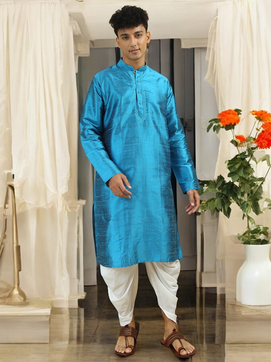 

TATTVA Thread Work Mandarin Collar Dupion Silk Straight Kurta, Blue