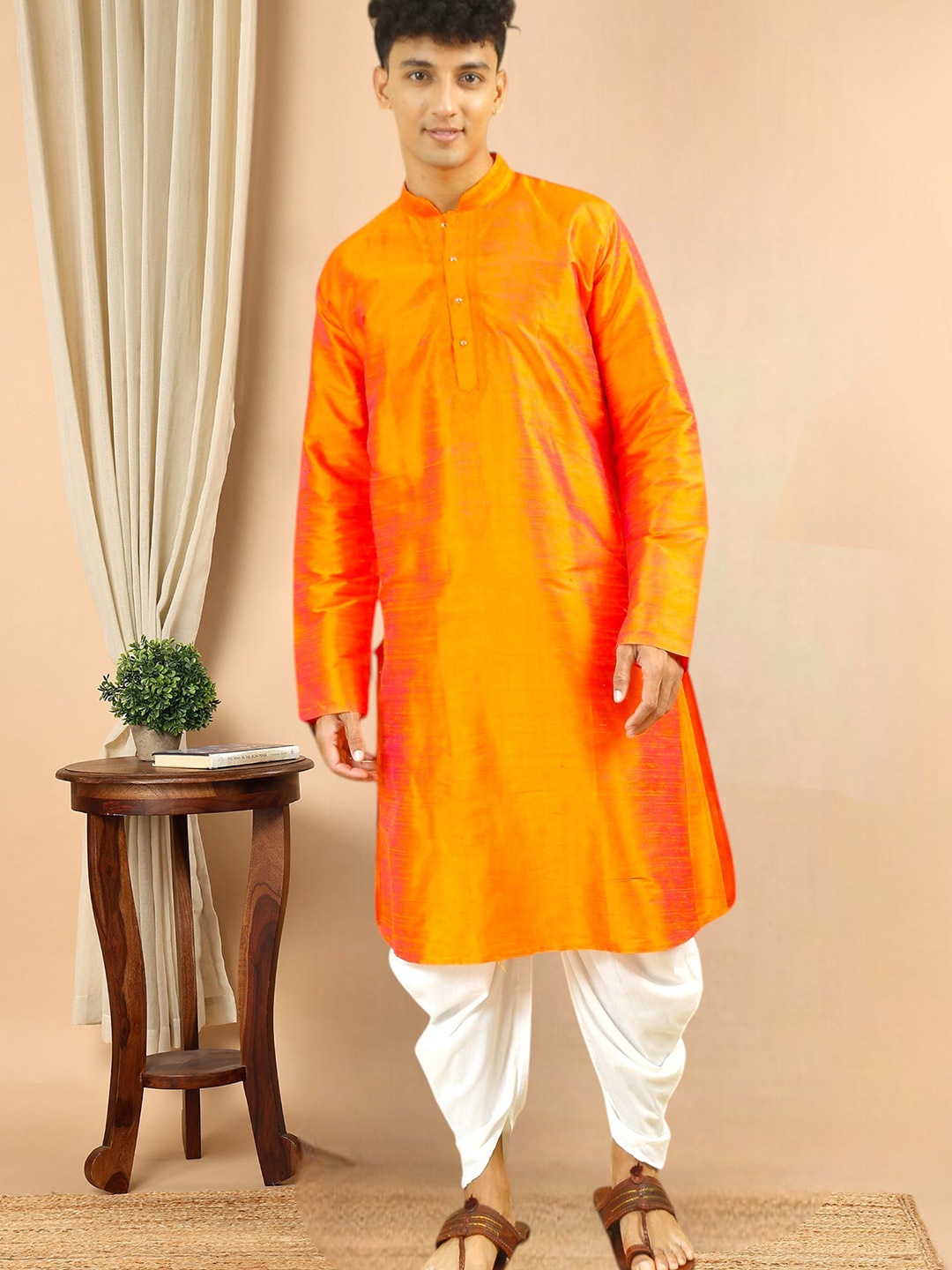 

TATTVA Thread Work Mandarin Collar Dupion Silk Straight Kurta, Orange