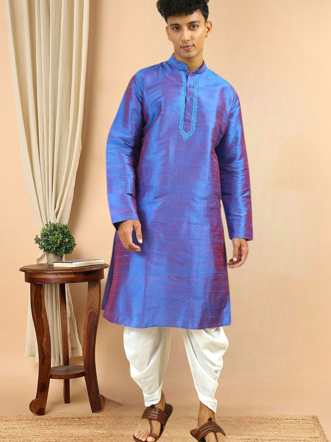 

TATTVA Thread Work Mandarin Collar Dupion Silk Straight Kurta, Blue