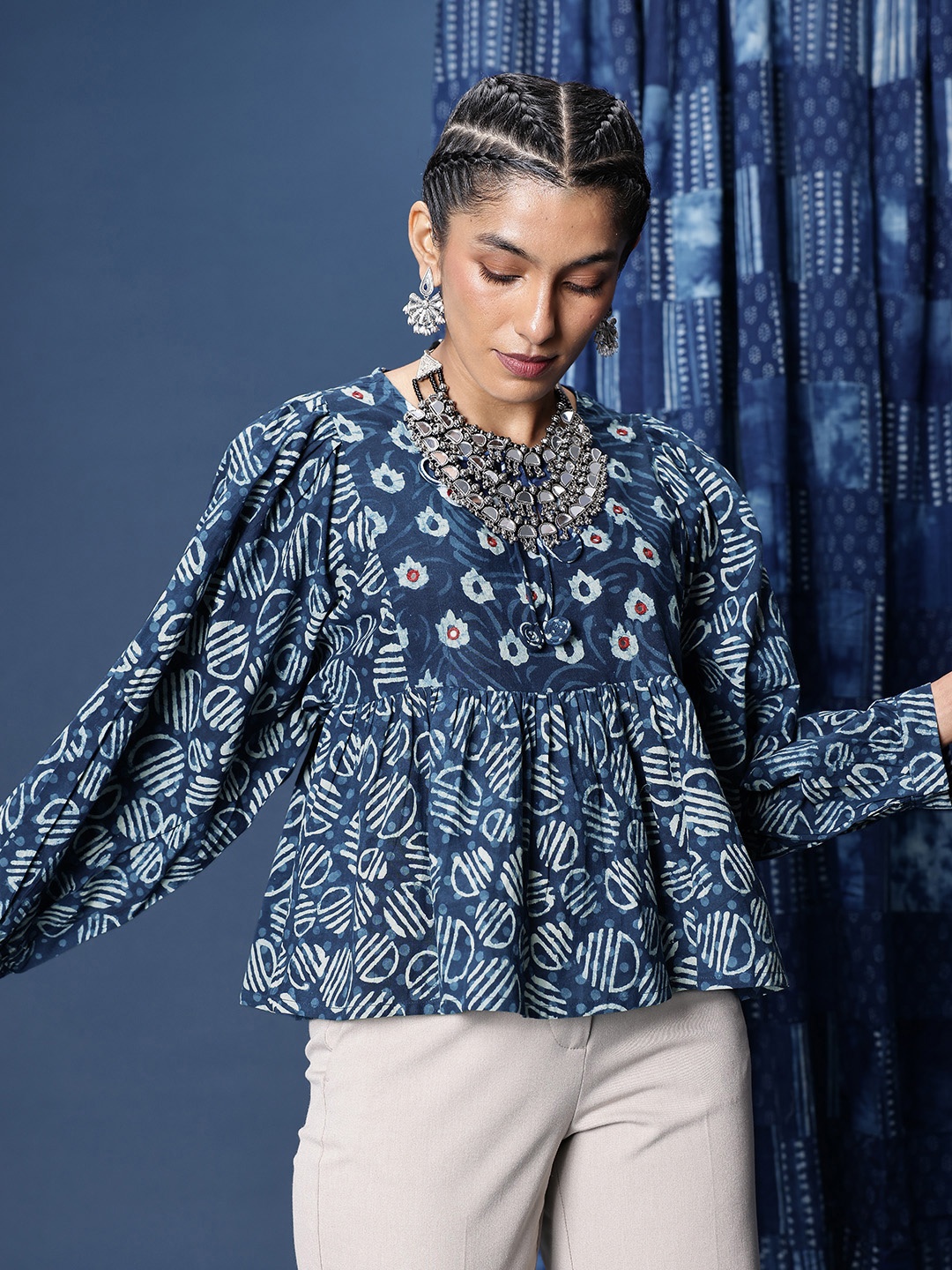 

Taavi Geometric Printed Tie-Up Neck Puff Sleeves Indigo Top, Blue