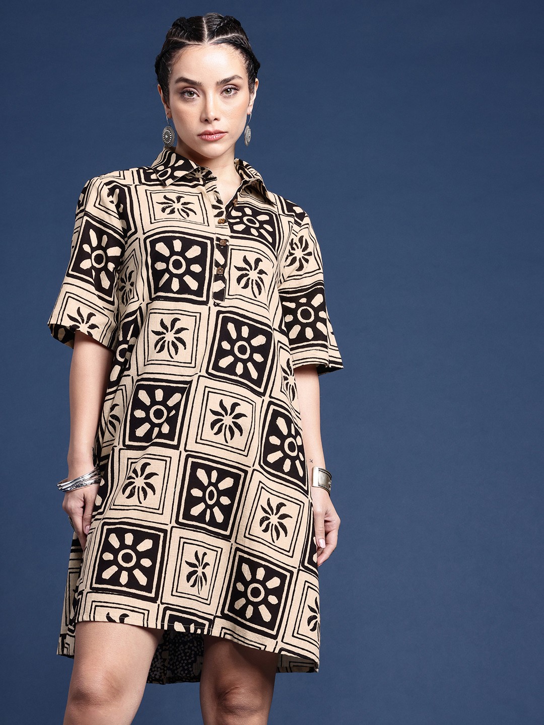 

Taavi Floral Printed Shirt Collar A-line Bagru Ethnic Dress, Beige