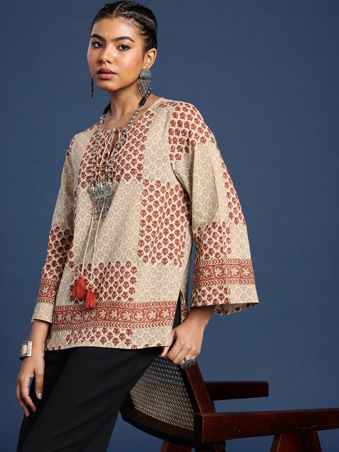 

Taavi Printed Tie-Up Neck Flared Sleeves Pure Cotton Block Print Legacy Top, Beige