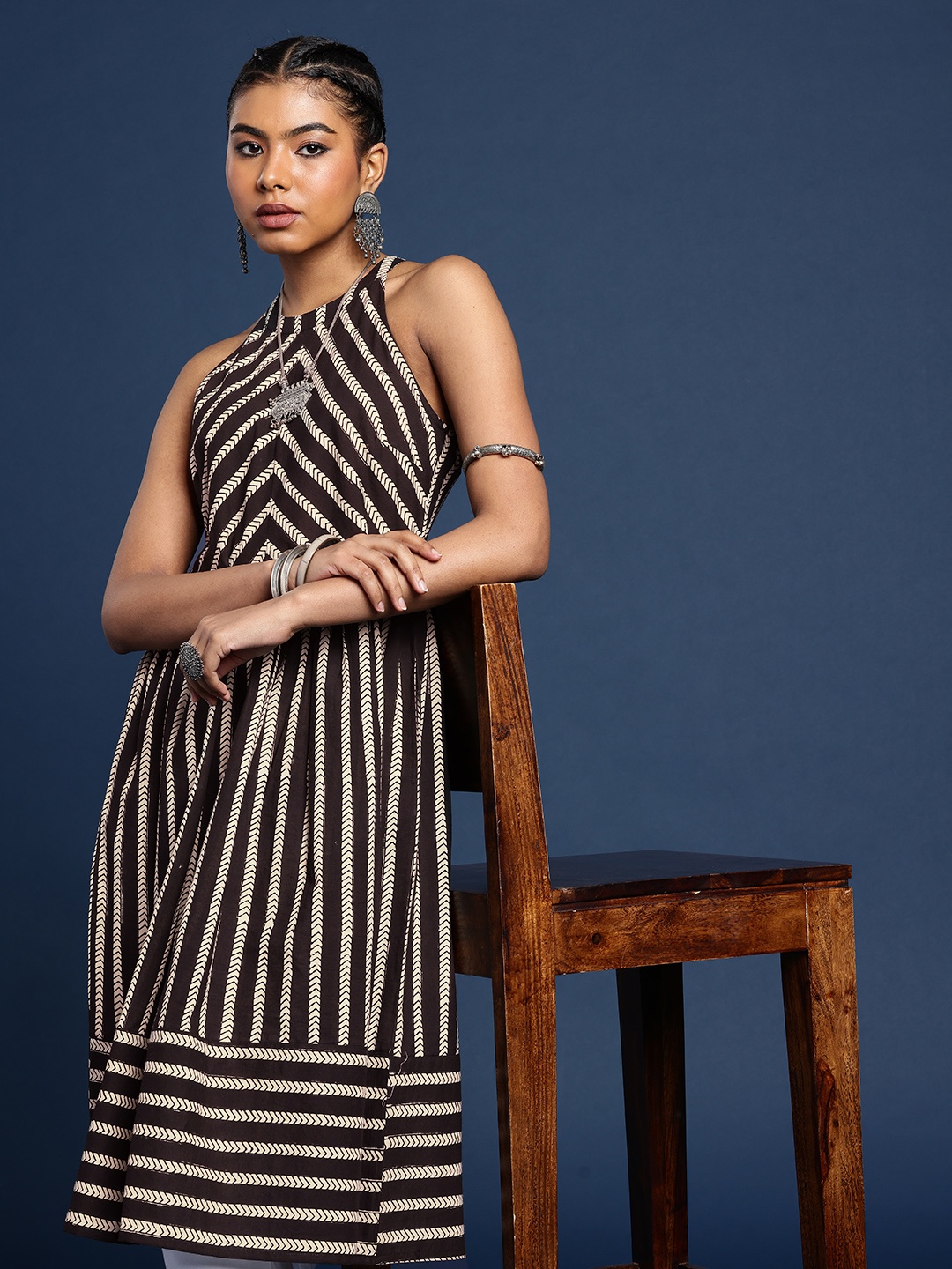 

Taavi Bagru Striped Halter Neck Pure Cotton Kurta, Black