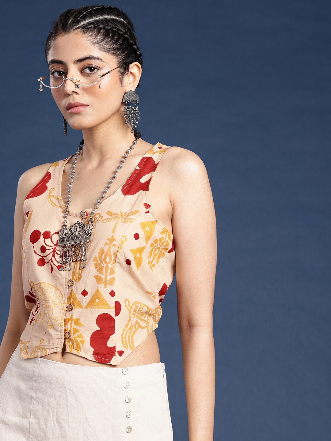 

Taavi Conversational Printed Sleeveless Bagru Top, Beige